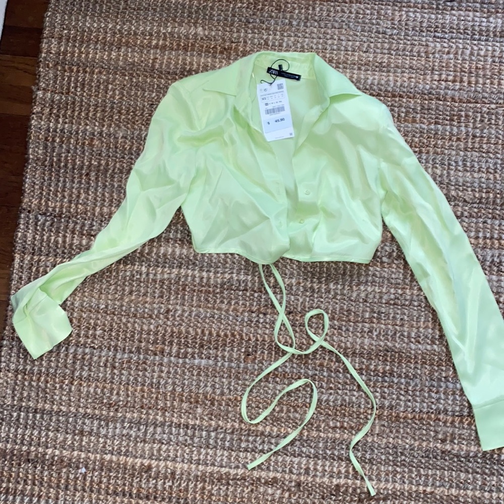 Lime zara button up crop top with ties at waist